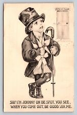 c1912 Boy In Top Hat Stands At Stage Door, Johnny On The Spot ANTIQUE Postcard picture
