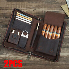 2PCS Genuine Leather Cigar Case travel Humidor Set Lighter Cutter Pocket Box## picture