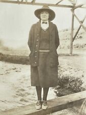 N7 Photograph Lovely Pretty Woman Posing Stream Bridge Bowtie Hat 1920's picture
