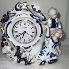 Vintage LINDEN Genuine White + Blue Golden Porcelain China Qtz Alarm Clock JAPAN picture