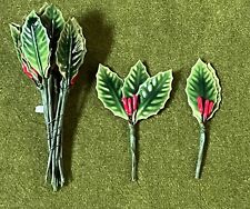 1 Pack 36 Vtg Lacquered Holly Leaves/Red Berry Wired Stems Millinery Xmas Picks picture