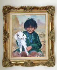 Leonard Borman Native American Navajo “Girl with a goat” large painting +2 small picture
