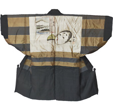 Japanese Antique Kimono Haori  black jacket hand-painted noh mask Signed 9456 picture