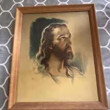 W.E. Sallman 1935 Print Of Jesus Christ 10x13 Wood Frame Auburn U.S.A. picture