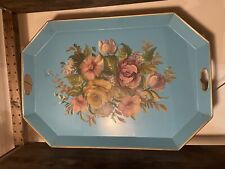 Vintage Large Metal Tray Blue With Painted Flowers picture