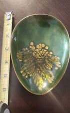 ENAMEL on COPPER Shallow Oval BOWL  6x4 GREEN & GOLD Signed KAREKA Handmade picture