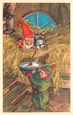God Yul Swedish Christmas Postcard Curt Nystrom, Boy w/Porridge for Gnome & Cat picture
