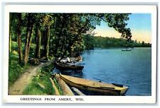 1939 Greetings From Fishing Canoe Boat Amery Wisconsin Vintage Antique Postcard picture