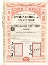 500 Francs Gouvernment Imperial De Chine Emprunt Chinois with Pass-co Authentica picture