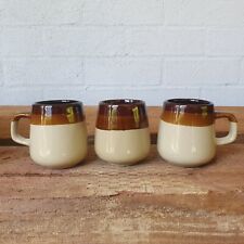 Vintage Retro Glazed 1970s Coffee Mugs Cups Set of 3 Tan Light & Dark Brown VGC picture