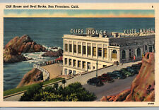 San Francisco CA Postcard White Cliff House and Seal Rocks Vintage Linen Unused picture