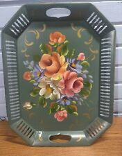 VTG. large Tole tray Floral Hand Painted Filagree handles toleware 17.5