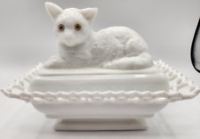 Antique Westmoreland Milk Glass KITTY CAT NESTING TRINKET DISH Beautiful Clean picture