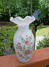 Vtg 1980s White Satin Glass Ruffled Top W/ Gold Trim Vase Foural Hand Painted picture