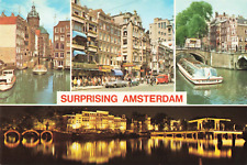 Amsterdam Netherlands, Canals, Street View, Skyline at Night, Vintage Postcard picture