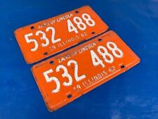 Vintage 1962 Illinois Matched Pair White Orange Car Auto License Plates 532 488 picture
