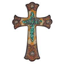 Turquoise Western Decorative Wall Cross Cowboy Kneeling Rustic Floral Concho  picture