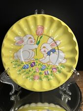 Vintage Easter Serving Tray Plastic Scalloped Edge Yellow Rabbits Rose picture