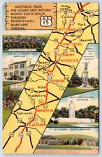 ROUTE 15 MAP MD PA VA GETTYSBURG FREDERICK CULPEPER HARPERS FERRY LINEN POSTCARD picture