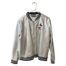 Disney Mickey Mouse Faux Leather Varsity Jacket Silver Size Large Zip Up Bomber picture