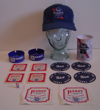 Pabst Blue Ribbon Hat, Bank, Ashtrays, 8 Coasters, Napkins PBR Lot 15 Items picture