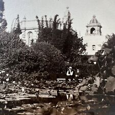 Vintage 1920's Antique Photo Men Sitting on Bench Lily Pad Pond Garden picture