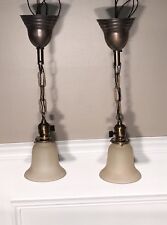 Wired Pair Brass Pendant Light Fixtures Tan Frosted Shades 28F picture