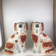 NICE PAIR MID 19thC STAFFORDSHIRE RUSSET SPANIEL DOGS Fox Hunting Mantle Red picture