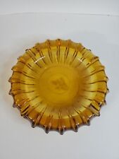 Vintage 60s MCM Amber Ashtray Starburst Ribbed Pressed Glass 7” picture