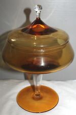 VINTAGE MID CENTURY AMBER GLASS EMPOLI APOTHECARY CIRCUS TOP PEDISTAL CANDY DISH picture