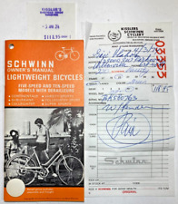Vintage 1973 SCHWINN BICYCLE Owners Manual & STORE RECEIPT Lightweight 10-SPEED picture