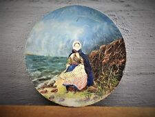 Antique 1889 Folk Art Oil Painting on Fibre Plate, Woman & Ocean Scene picture