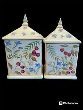 Set of 2 Capriware Canisters w/Steeple Pointed Lids, Cherries/Flowers, VINTAGE picture