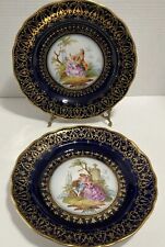 Antique Meissen Porcelain Cobalt Blue Ground  Watteau  Charger Plates 9.5 Set/2 picture