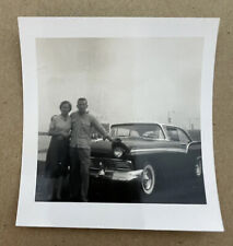 Vtg 1950s Snapshot Photo Couple With Ford Fairlane Classic Car picture