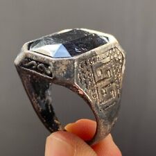 VERY RARE ANCIENT MEDIEVAL VINTAGE SILVER RING WITH BLACK STONE AMAZING ARTIFACT picture