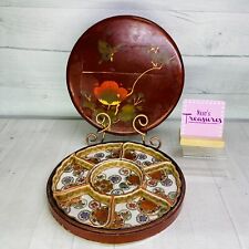MCM Japanese FLORAL 7 Section W Lacquered Round Box Tray Relish Dish Server Set picture