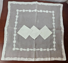 Antique Madeira Organdy Table Cloth & 3 Napkins~ White Floral & Leaf Applique picture