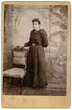 CIRCA 1890'S CABINET CARD Woman In Long Victorian Black Dress Standing By Chair picture