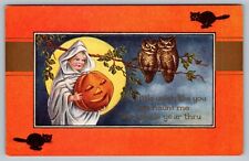 Postcard Whitney Halloween Girl White Robe Holding JOL In Moonlight Twin Owls picture