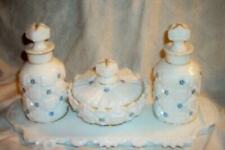 WESTMORELAND OLD QUILT FORGET ME NOTS VANITY SET MILK GLASS SCARCE 1963 NICE picture