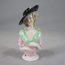 German Porcelain Pin Cushion Half Doll with Large Black Hat 15744 picture