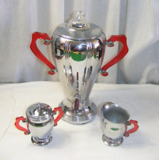 Vintage Labelle Coffee Stainless Peculator w Creamer Sugar Bowl Red Handles picture