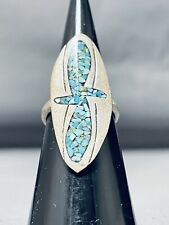 AUTHENTIC OLDER VINTAGE NAVAJO TURQUOISE INLAY STERLING SILVER RING OLD picture