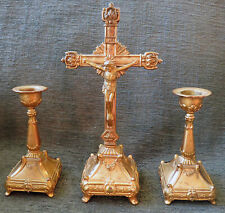 Vintage Rare Cast Metal Crucifix with matching Candle holders Gold Gilt 1921 picture