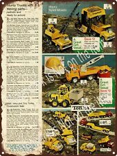 1976 Tonka Nylint Crane Truck Boom Mixer Flatbed Forklift Metal Sign 9x12