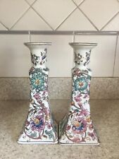 Pair Vintage Chinese  Rose  Candle Holder-White Pinks Turquoise picture
