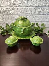 Vintage 1971 Holland Mold Green Cabbage Shaped Bowl, Lid, Plate, and Salt&Pepper picture