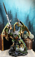 Large Green Jade Armored Dragon With Space Orb And Excalibur Sword Statue 16.5