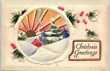 c1910 CHRISTMAS GREETINGS HOLLY CABIN SUNRISE HEAVILY EMBOSSED POSTCARD 39-243 picture